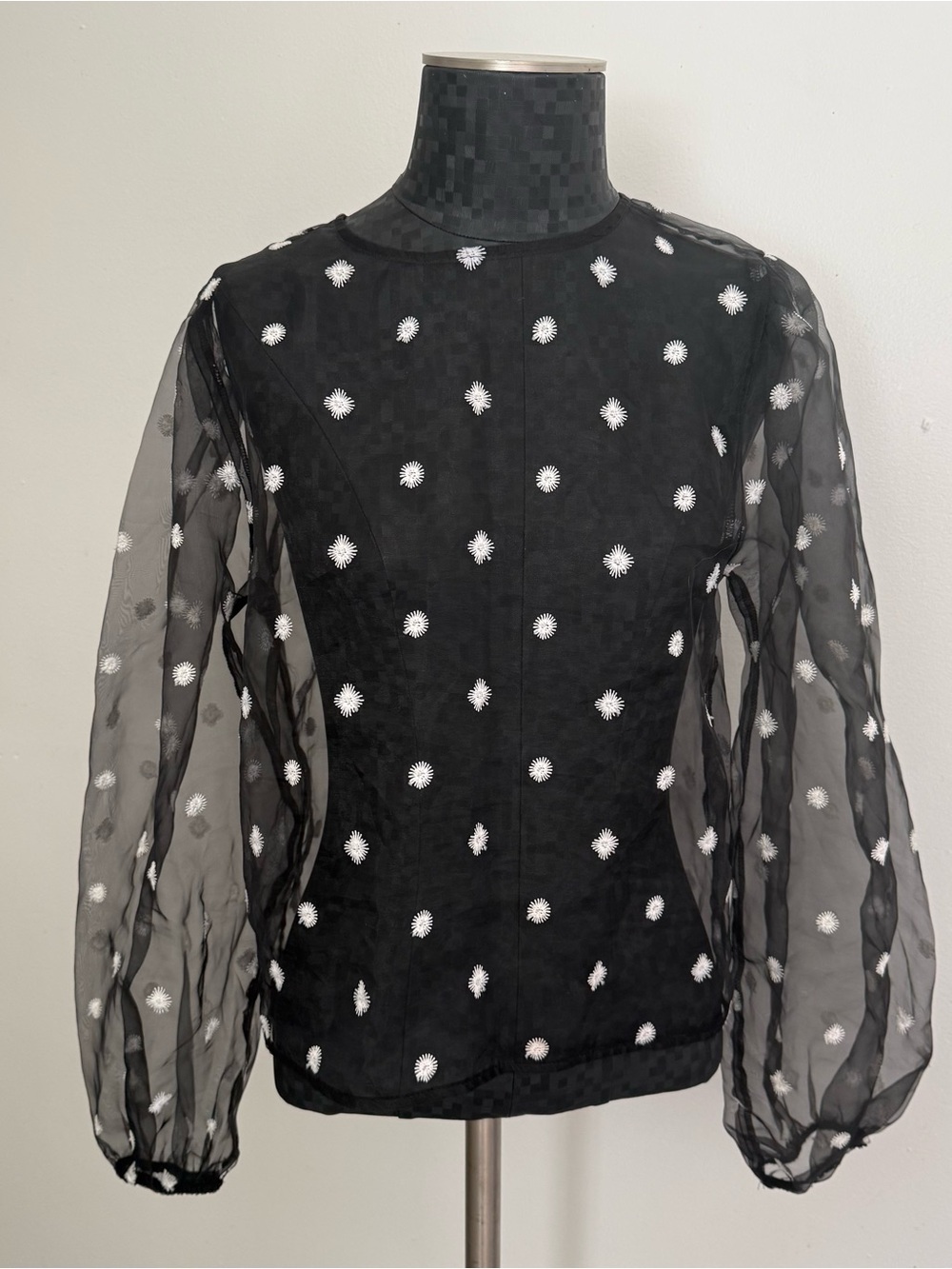 Zara Black Sheer Polka Dot Blouse with White Dots